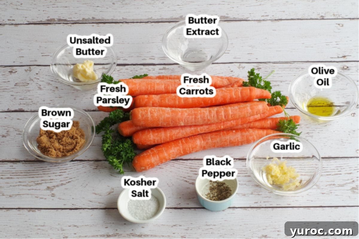 Wholesome Brown Sugar Glazed Carrots 4 Healthy glazed carrot recipe ingredients laid out on a wooden surface, clearly labelled.