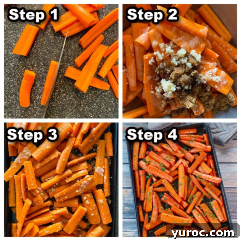 Wholesome Brown Sugar Glazed Carrots 5 A collage of 4 photos showing the step-by-step process of how to make roasted carrots with brown sugar (the healthy way).