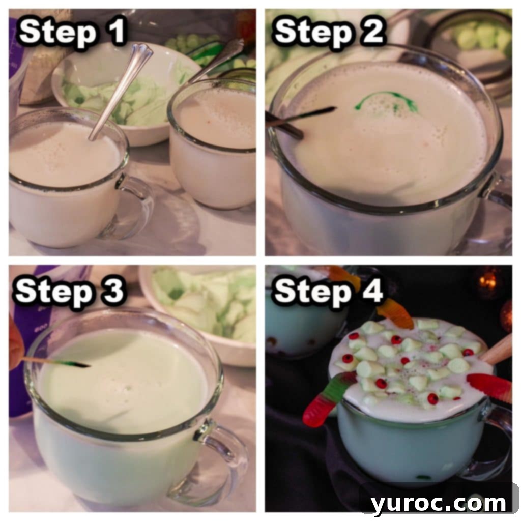 Mystic Cauldron Cocoa 5 collage of 4 photos of instructions on how to make Halloween Hot chocolate