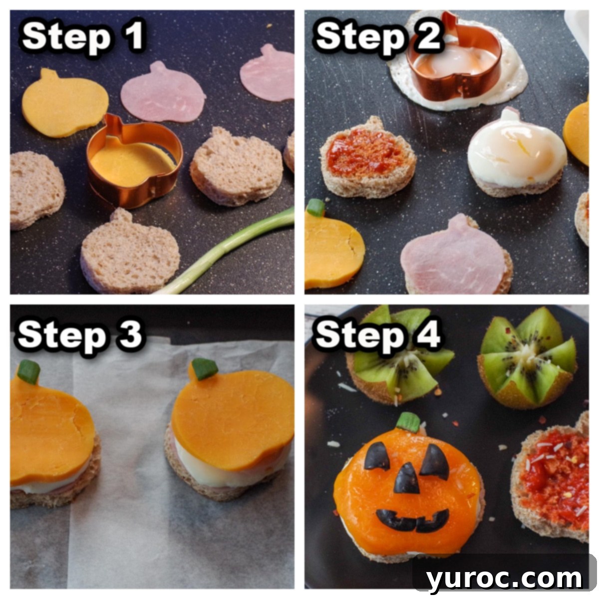 collage of 4 photos showing how to make Halloween Pizza Breakfast Sandwich