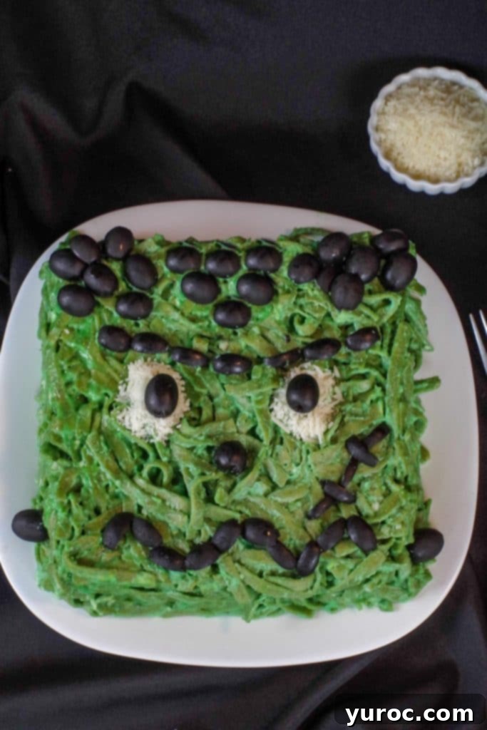 frankenstein fettucine Halloween dinner idea for kids