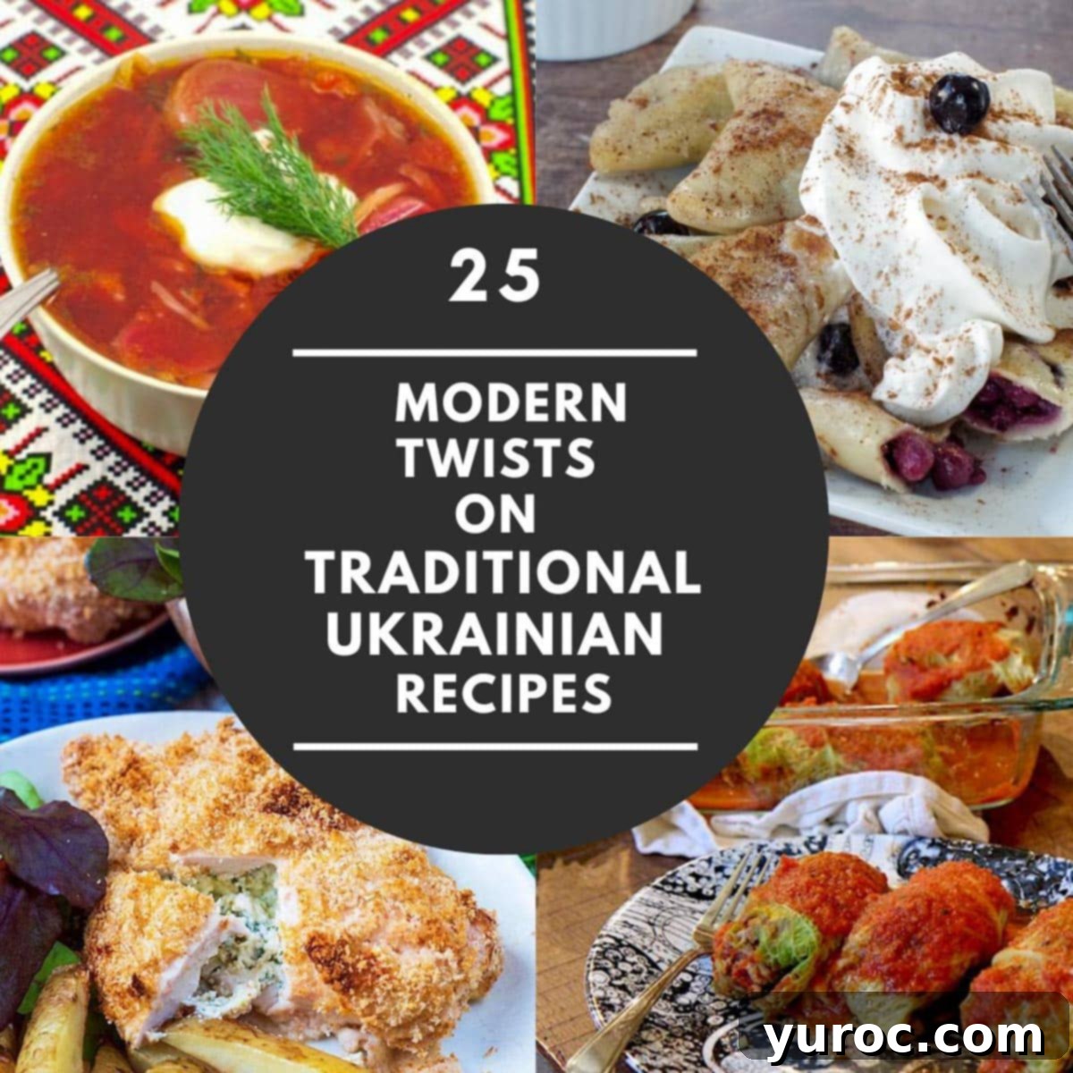 collage of 4 photos o Ukrainian recipes with white text on black circular background (in the middle)