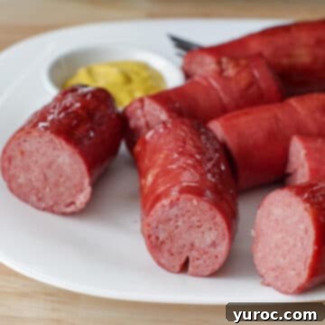 several pieces of kielbasa on a white plate with a small white dish of mustard