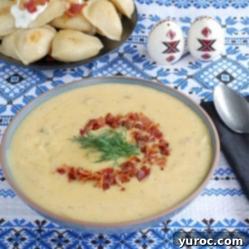 Loaded Pierogi soup with a plate of loaded pierogies in the background