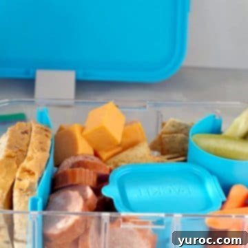 Ukrainian Lunch of kubassa, rye bread, pickles, cheese and crackers in a bento box