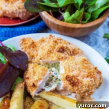 chicken kiev on a plate with potato wedges and a bowl of greens in the background