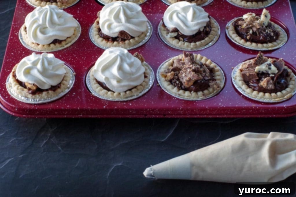 Halloween Candy Remix Tarts 7 leftover Halloween candy tarts in a muffin tin with some with whipped cream on them and a pastry bag with a 1M tip filled with whipped cream