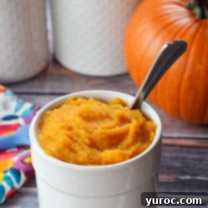 Unlock the Secrets of Whole Pumpkin Cooking and Homemade Purée 19 white canister with pumpkin puree in it, as well as spoon and whole pumpkin in background