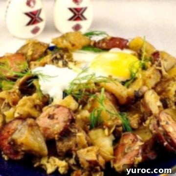 Ukrainian Breakfast Hash on a blue plate, with an egg on top and Ukrainian egg shaped shakers in the background