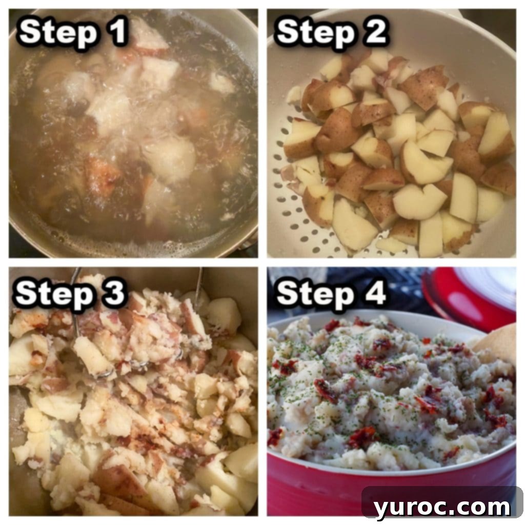 collage of 4 photos showing how to make chipotle mashed potatoes