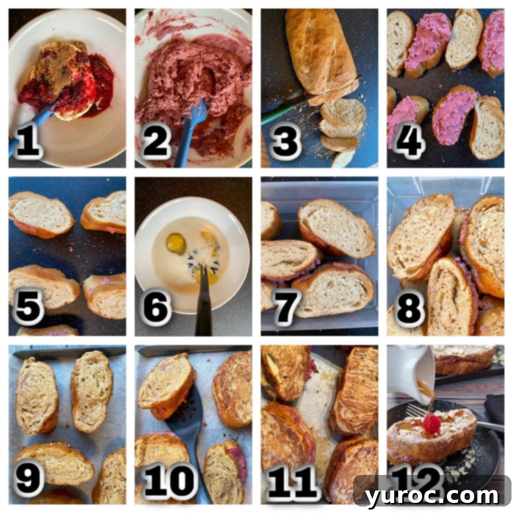 Raspberry Cream-Filled French Toast Sandwich 4 collage of 12 photos showing how to make French Toast Breakfast Sandwiches