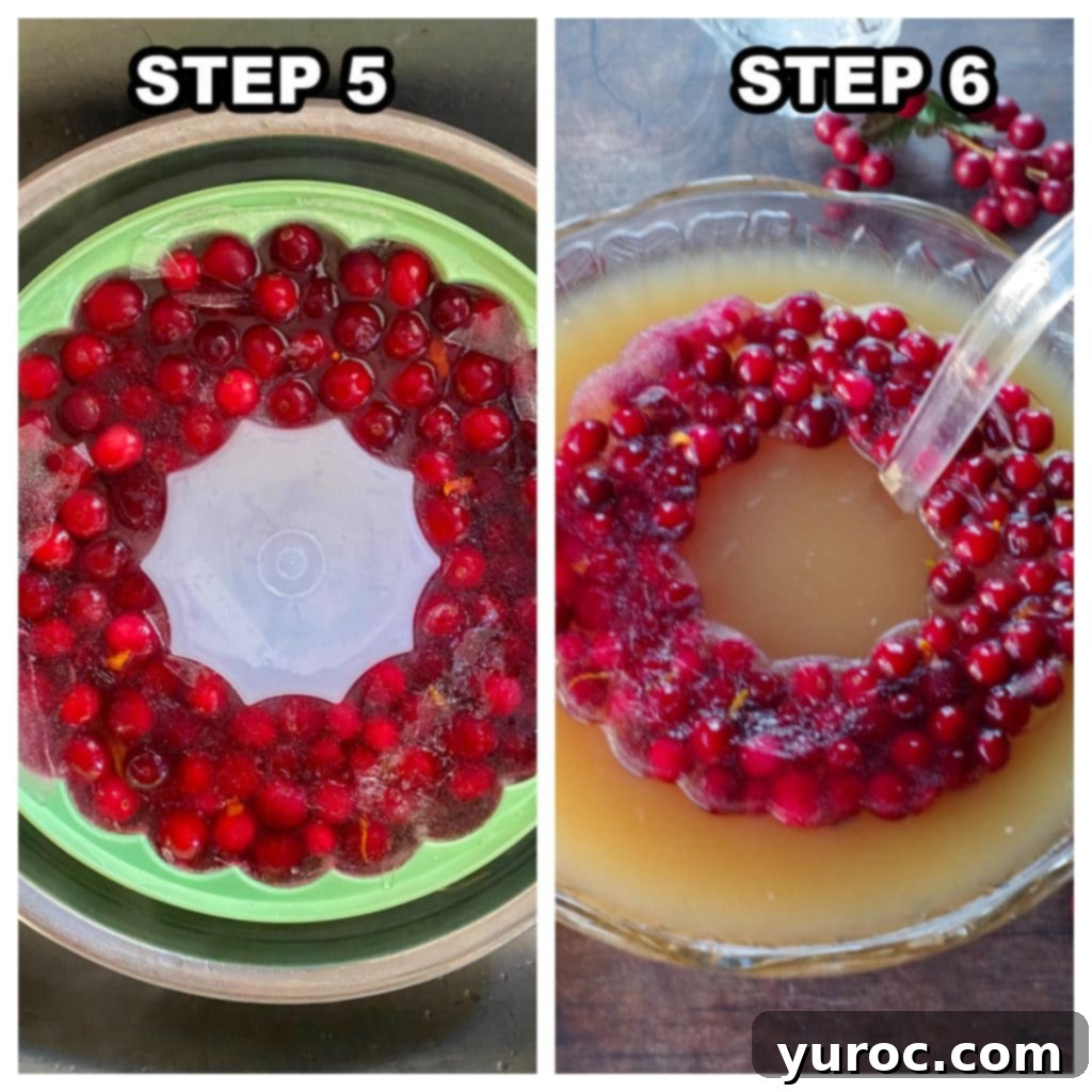 Merry Berry Brunch Sparkler 6 A two-panel collage showing how to unmold and place the cranberry ice ring into a punch bowl.