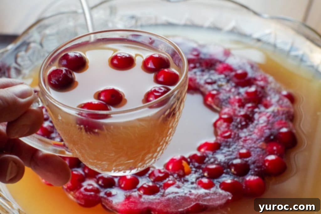 Merry Berry Brunch Sparkler 7 A hand holding a glass of Cranberry Christmas Punch over a punch bowl with a festive cranberry ice ring.