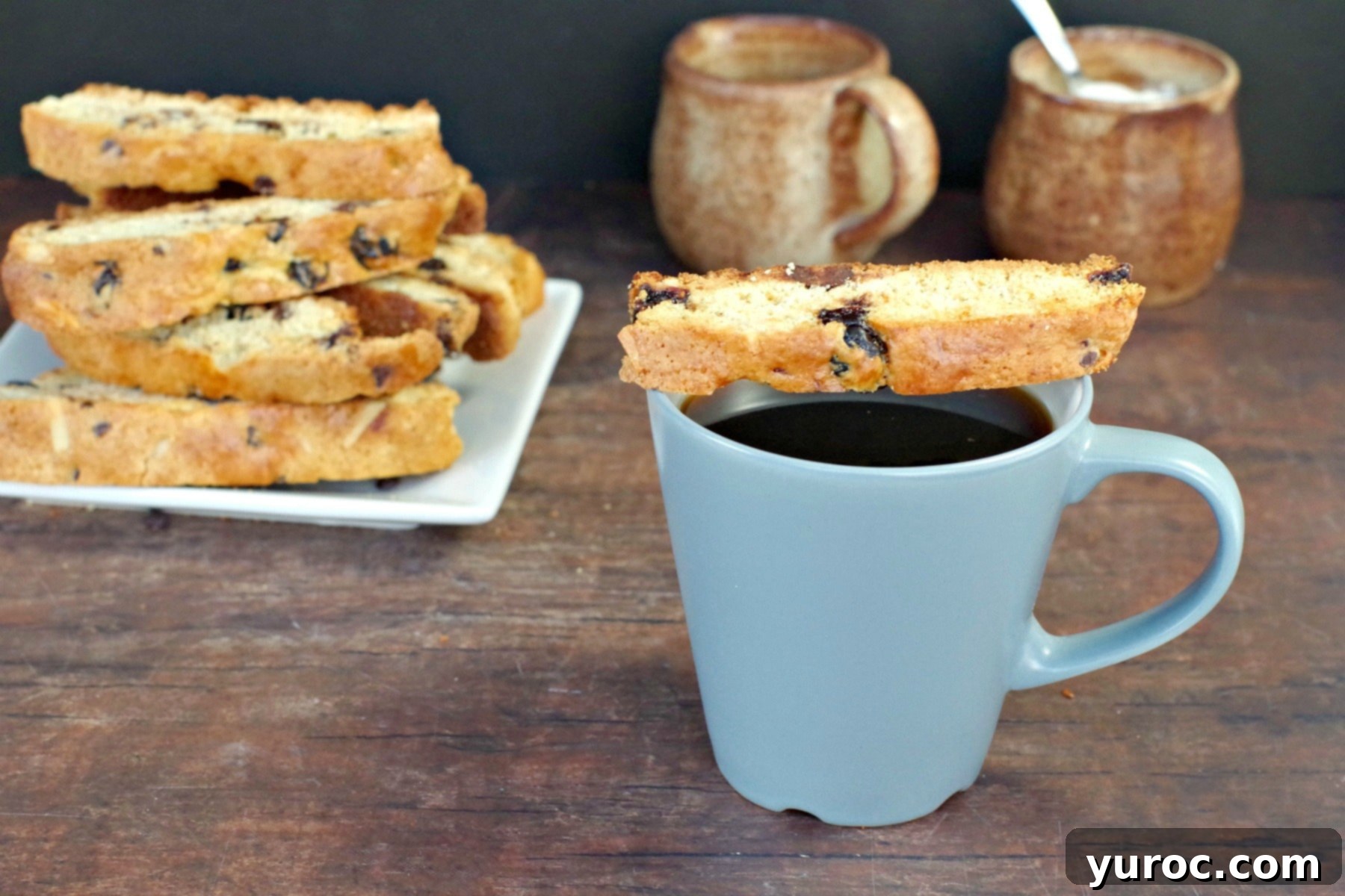 A single Black Forest biscotti cookie balanced on the rim of a blue coffee cup, with a white plate full of more biscotti in the soft-focus background.