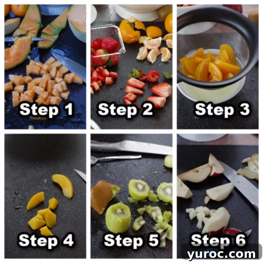 Collage of 6 photos showing step-by-step how to prepare fruits for classic fruit salad, including cantaloupe, strawberries, peaches, and kiwi.