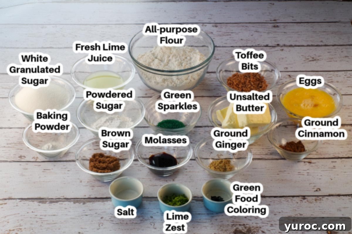 Ingredients needed for Lime Christmas Squares in glass bowls, labelled.