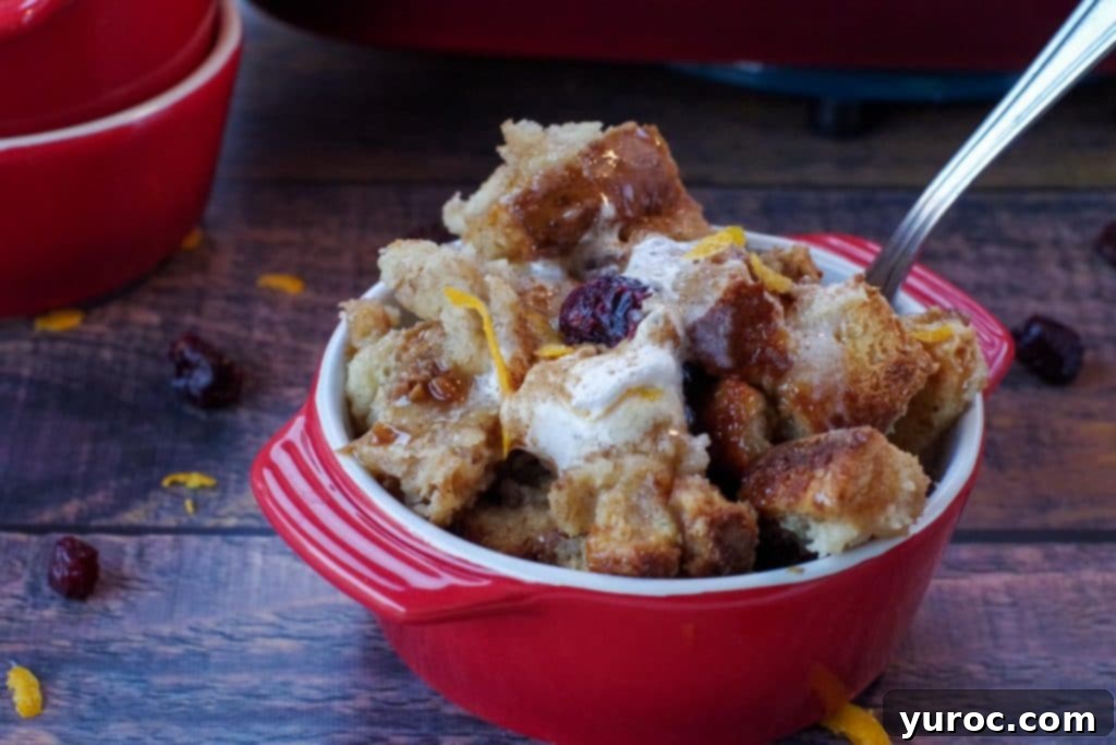 Festive Cranberry Bread Pudding 2 cranberry toffee bread pudding in a red bowl with a spoon