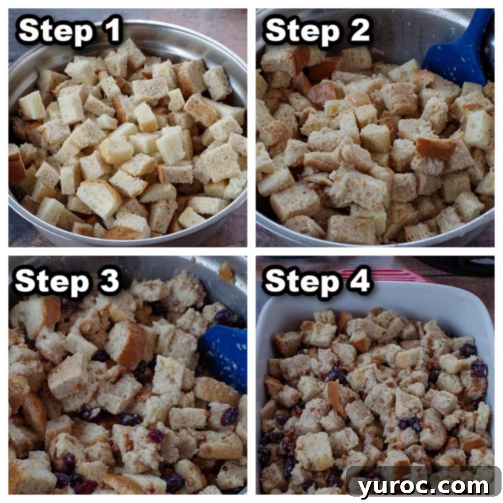Festive Cranberry Bread Pudding 4 collage of 4 photos showing how to make cranberry bread pudding