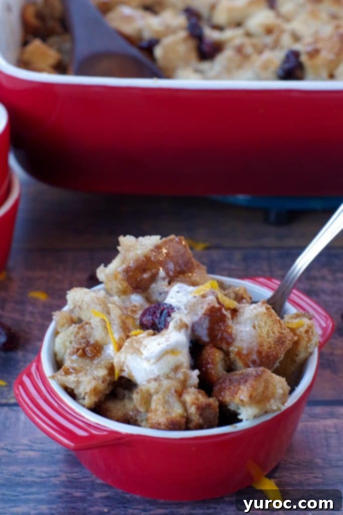 Festive Cranberry Bread Pudding 5 cranberry toffee bread pudding in a red bowl with a spoon and red pan of bread pudding in the background