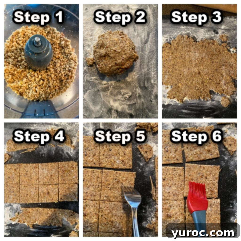 Golden Stuffing Crisps 4 A visual collage showing six steps of making leftover stuffing crackers, from mixing to cutting and baking.