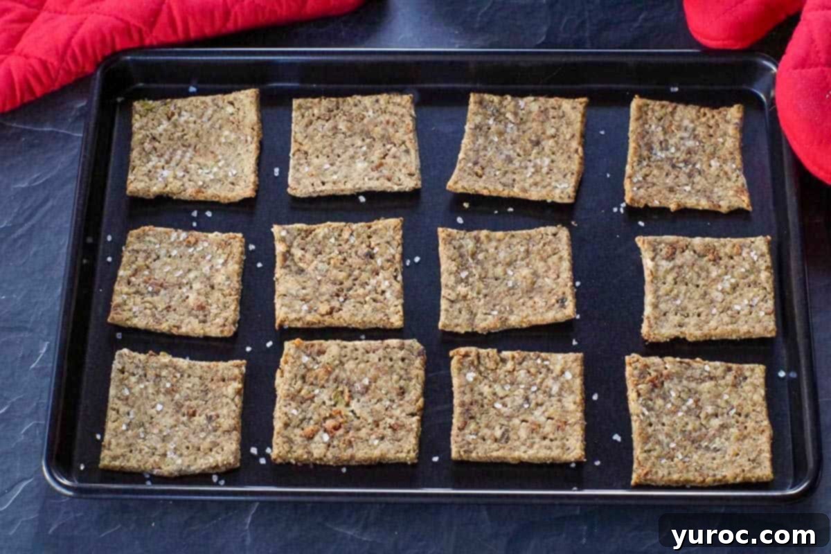 Golden Stuffing Crisps 6 Golden brown leftover stuffing crackers resting on a black baking sheet after being freshly baked.