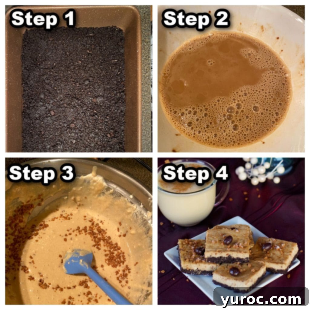 collage of 4 photos of Mocha Eggnog Cheesecake Bars