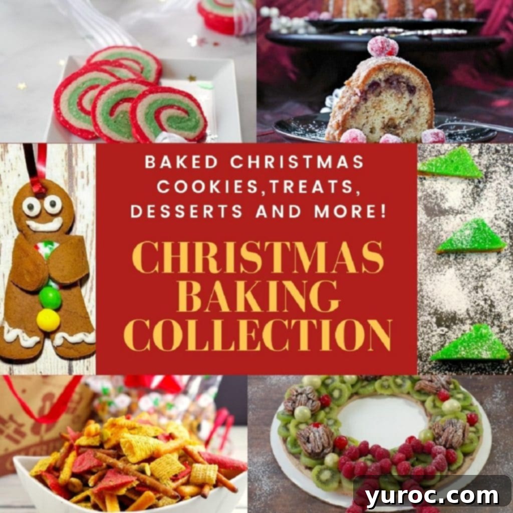 A festive collage showcasing various Christmas baked goods: cookies, cakes, and pies, with holiday text in the center.