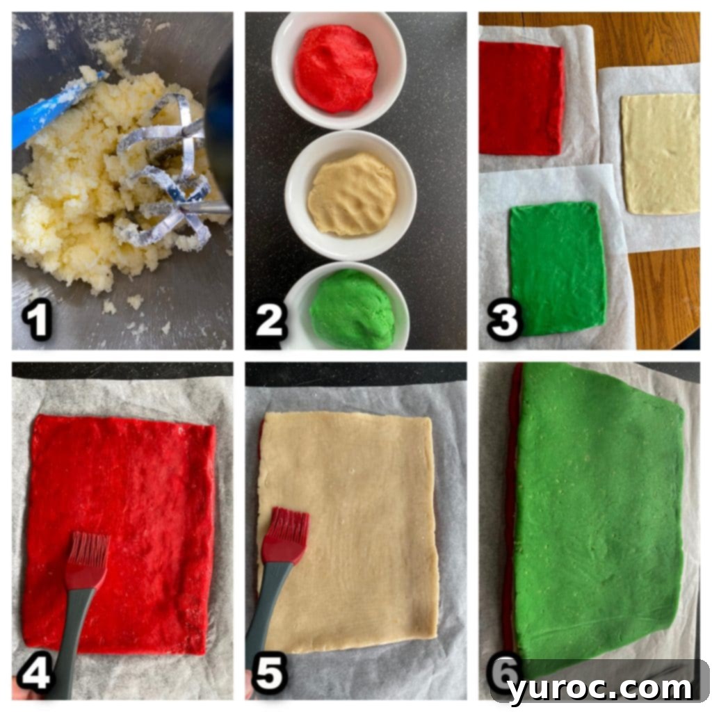 collage of 6 photos showing how to make pinwheel cookies
