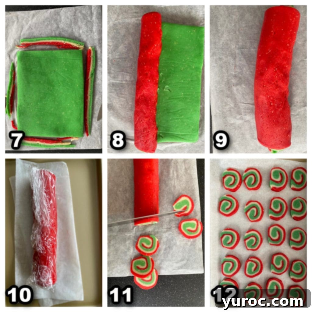 collage of 6 photos showing how to make pinwheel cookies