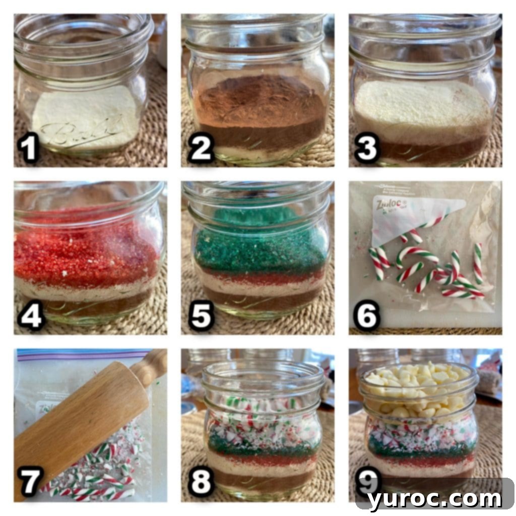 Collage of 9 photos showing how to make hot chocolate in a jar