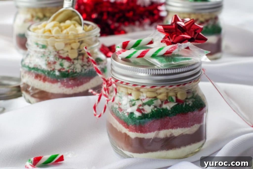 hot cocoa mix in a jar with bow, label and candy cane