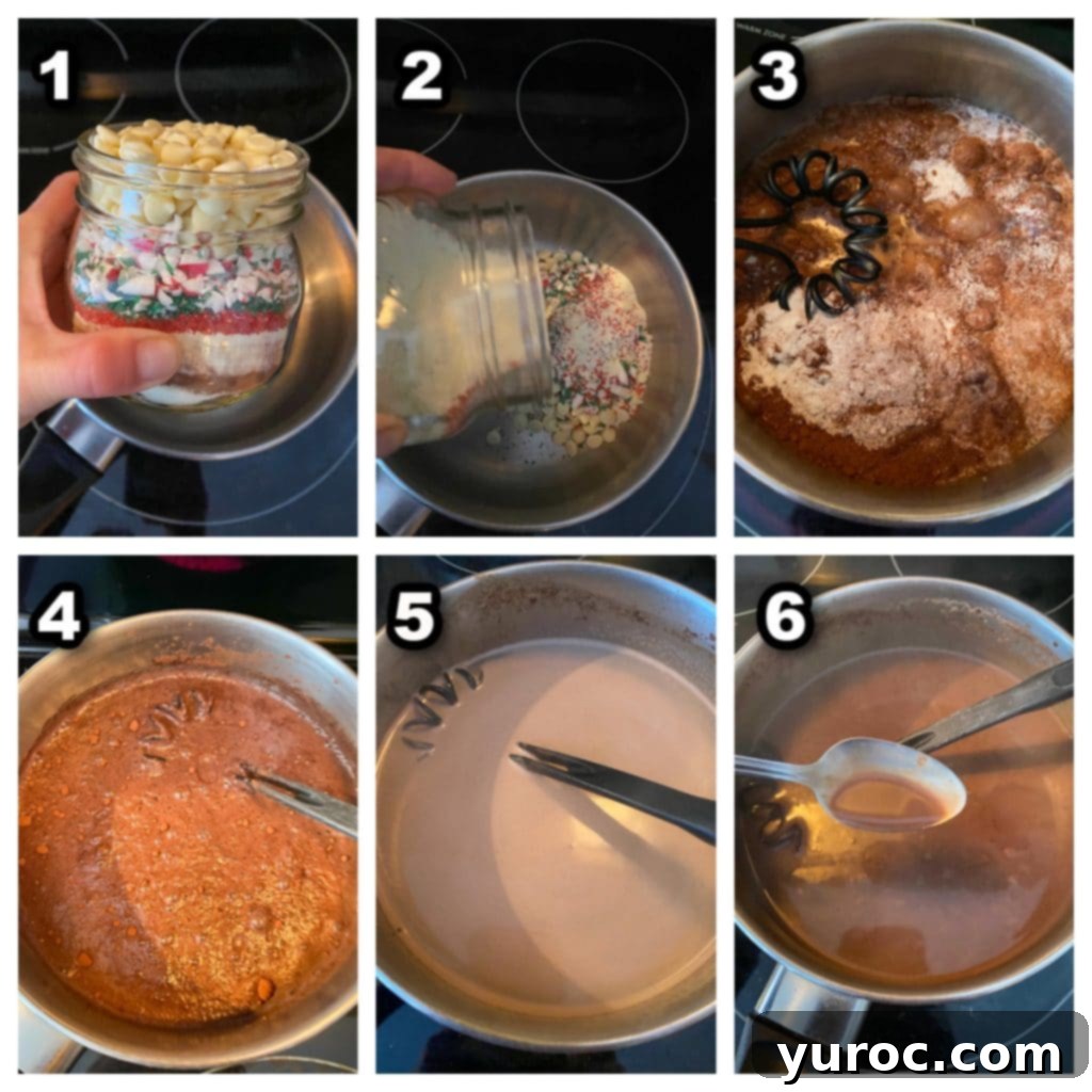 collage of 6 photos showing how to make candy cane hot chocolate