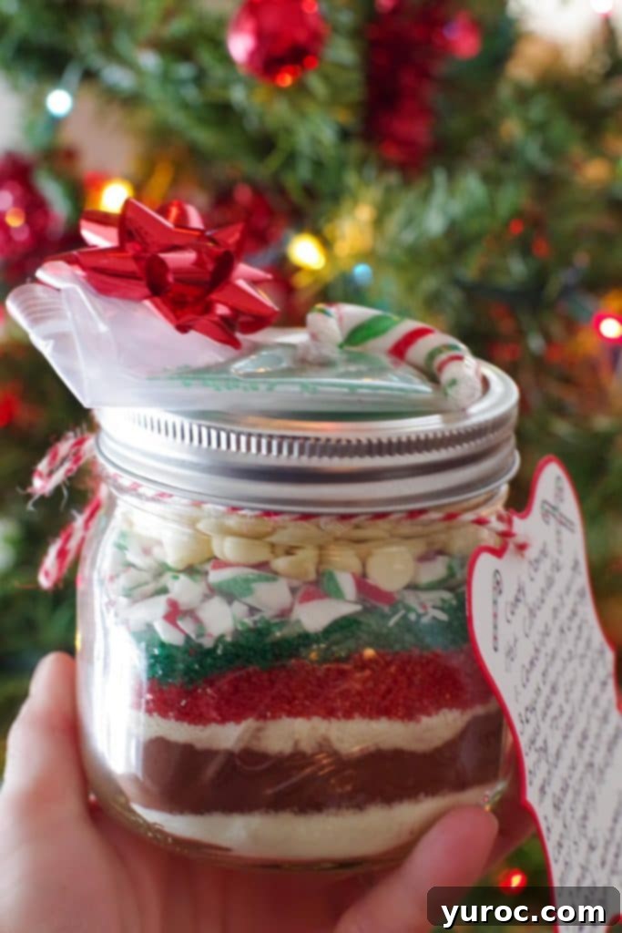 jar of homemade hot chocolate mix being held up in front of Christmas Tree