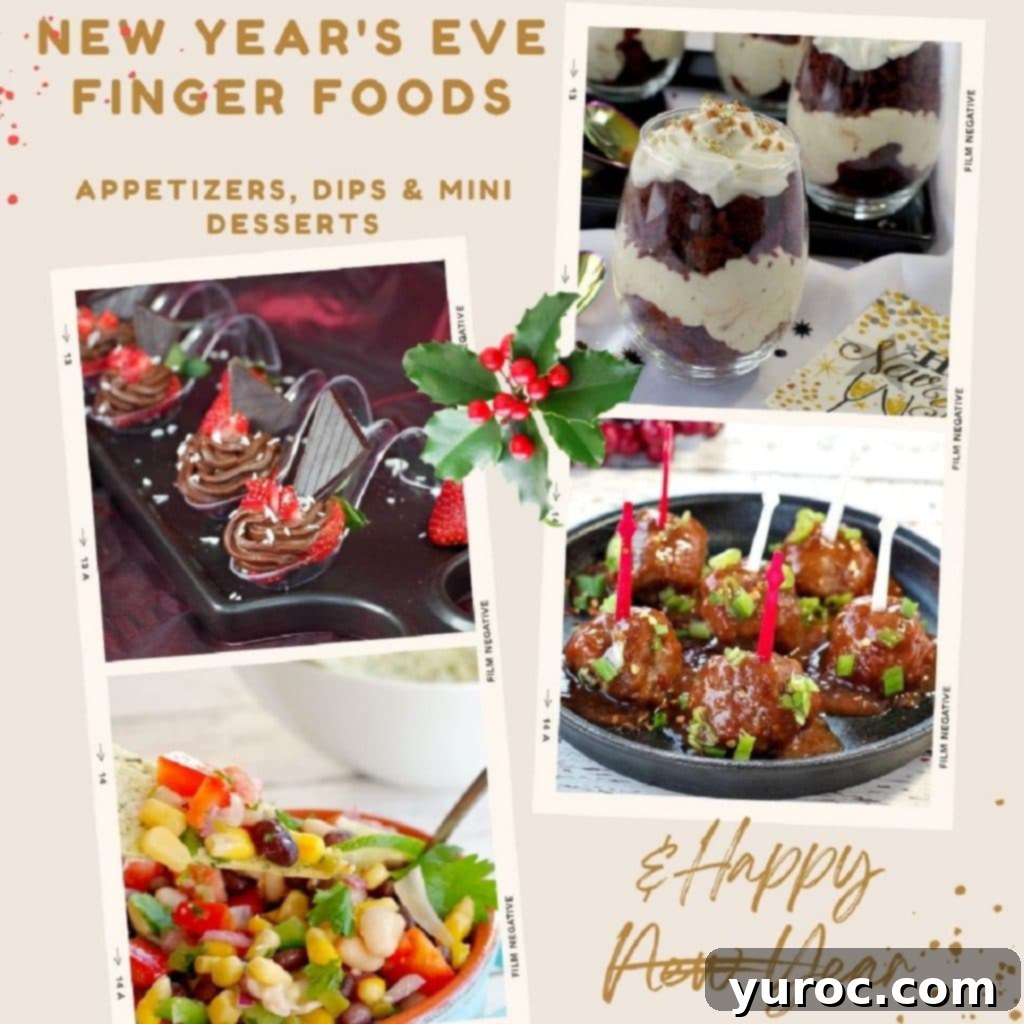 A collage of four vibrant photos featuring a variety of New Year's Eve finger food recipes, including savory bites and sweet treats, perfect for a festive celebration.