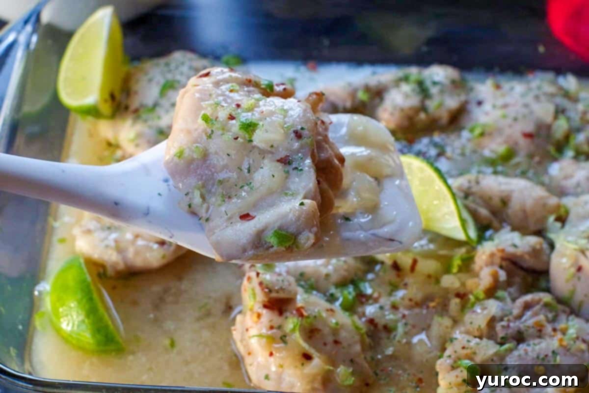 Lime and honey chicken being held up on a spatula over a casserole dish of lime honey chicken