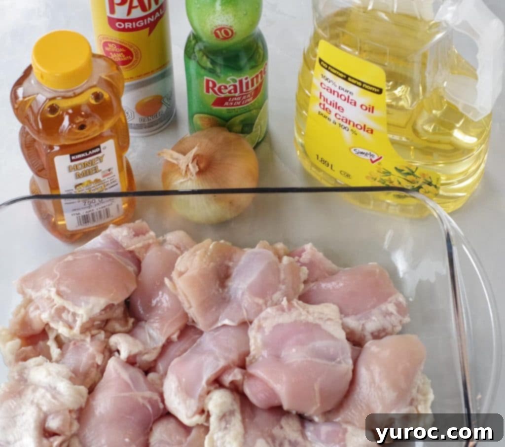 ingredients (chicken thighs in casserole dish, lime juice, olive oil, honey, onion and pam spray) for honey lime chicken on a counter top