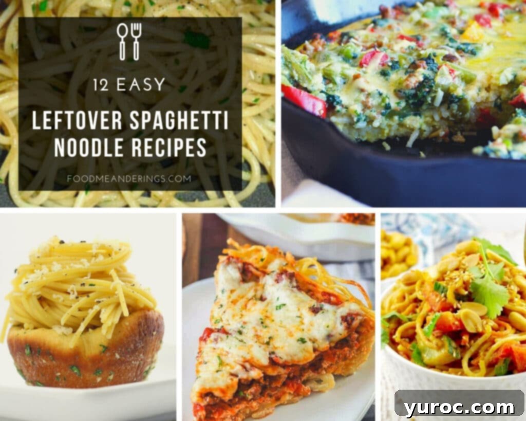a collage of 5 photos of leftover spaghetti noodle recipes, with the first photo having a transparent black background with white text