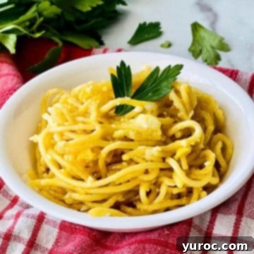 Fried spaghetti with eggs in a white bowl on red and white checkered linen with green herbs in background