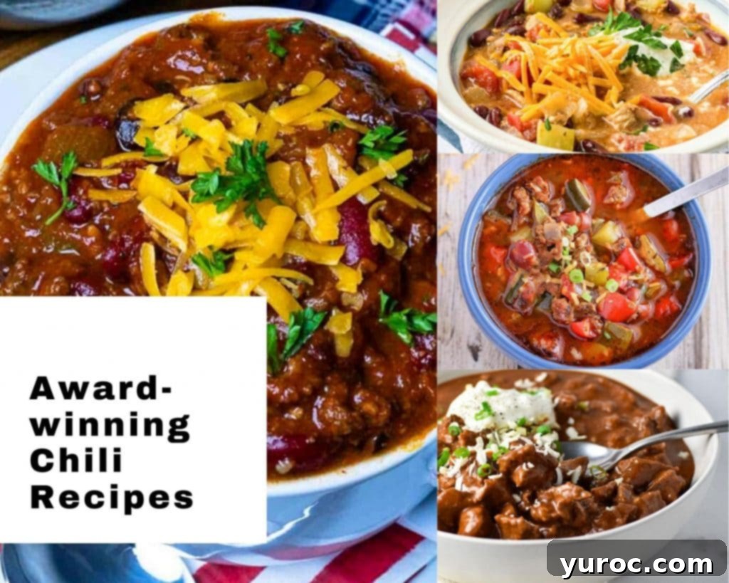 11 Legendary Chili Recipes 1 collage of 4 photos of award-winning chili with black text on white background