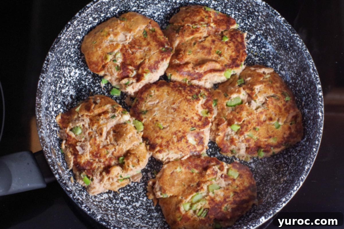 tuna burgers cooked/browned in a frying pan