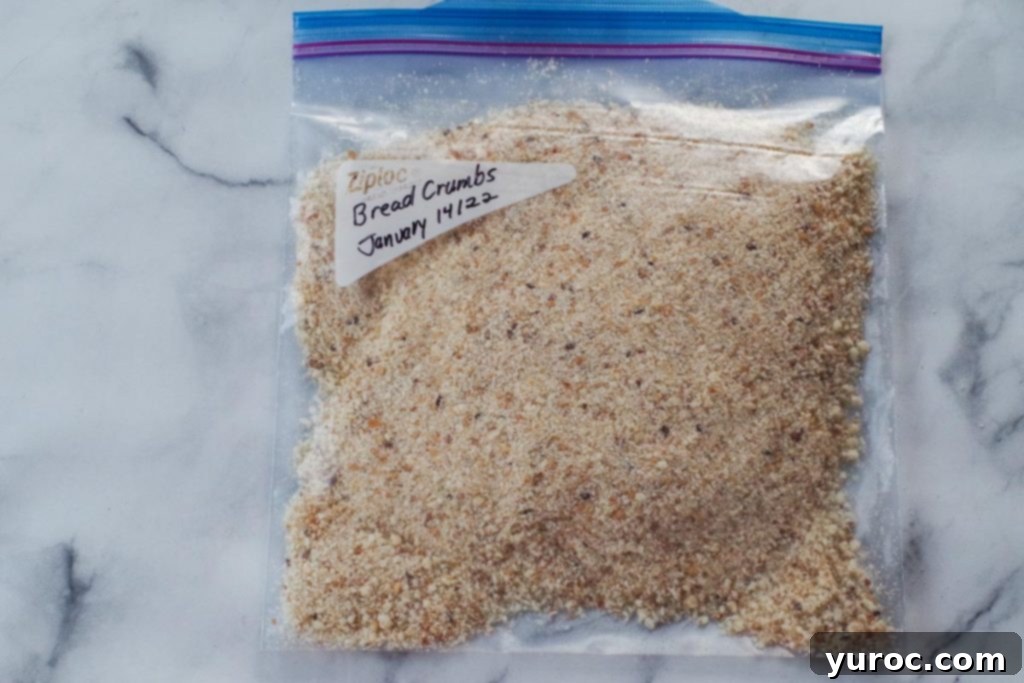 bread crumbs in a freezer bag, labelled, on a counter top