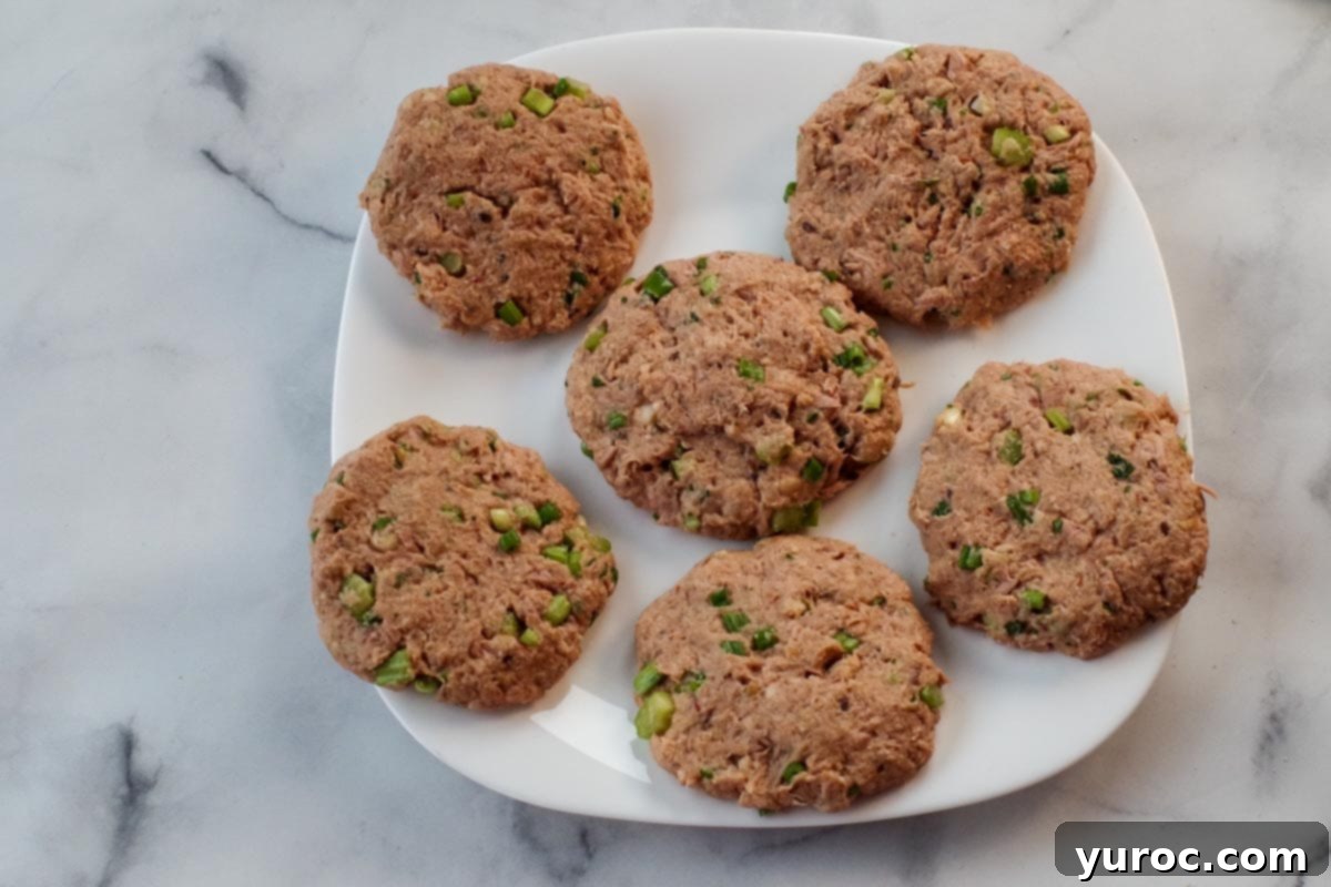 6 tuna patties on a white plate