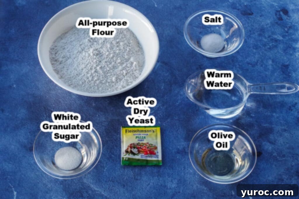 Şipşak 15 Dakika Pizza Hamuru 4 labelled ingredients for pizza dough (sugar, salt, water, olive oil, flour and yeast)
