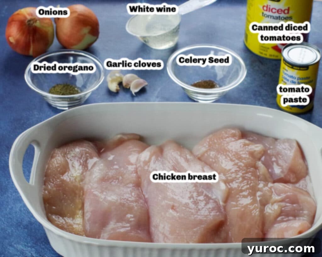 Rustic Baked Chicken Cacciatore 2 A vibrant flat lay photo of fresh ingredients for chicken cacciatore, including raw chicken breasts, diced tomatoes, onions, garlic, oregano, celery seed, and a bottle of white wine, labeled for clarity.
