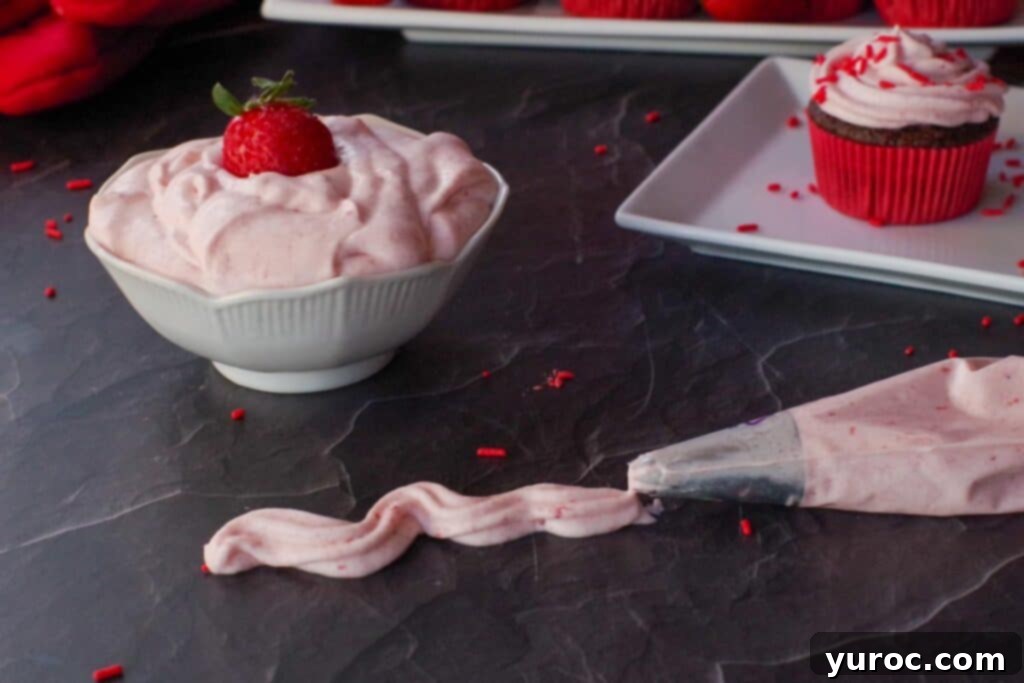 strawberry whipped cream frosting in a bowl with a strawberry, a pastry bag with a line of frosting coming out and a frosted cupcake in the background