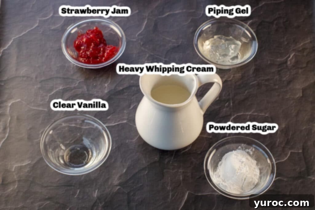 photo of labelled ingredients needed for strawberry whipped cream frosting (on a black granite surface)
