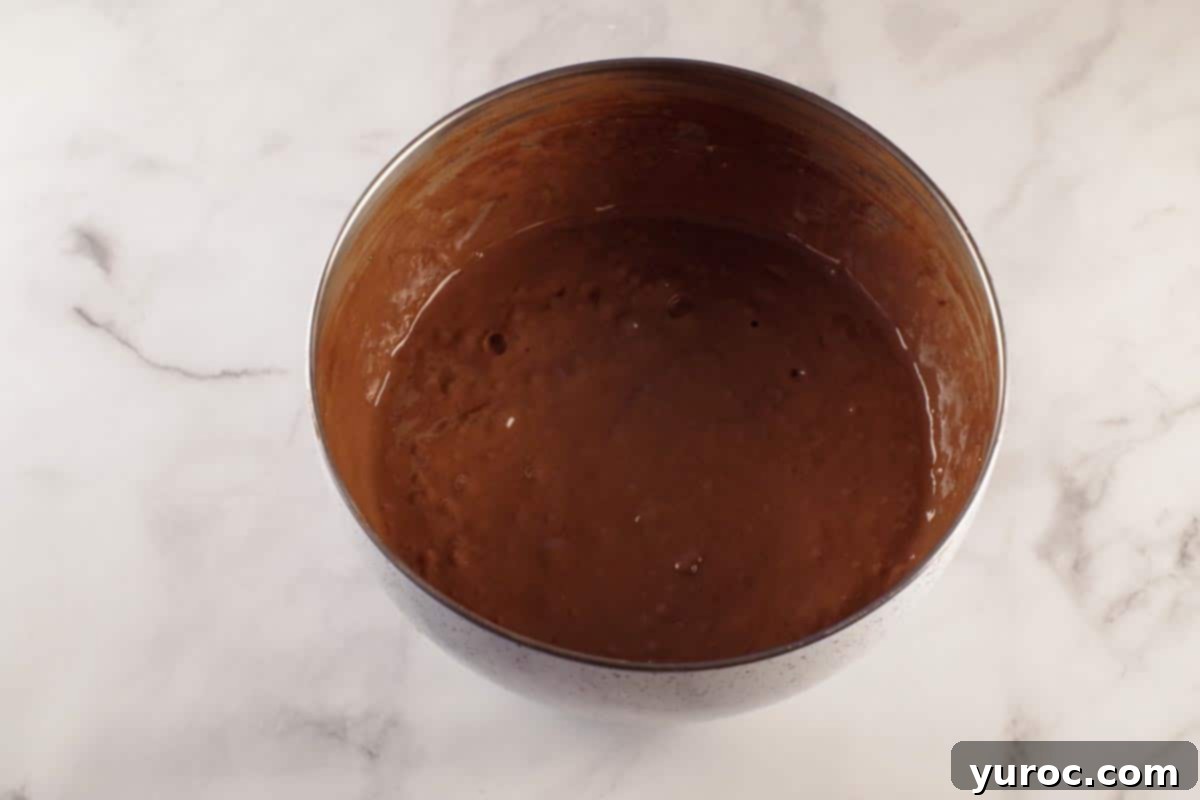 Effortless Elegance Red Wine Chocolate Cupcakes 5 Mixed chocolate red wine cupcake batter in a bowl, showing its smooth and well-incorporated consistency.