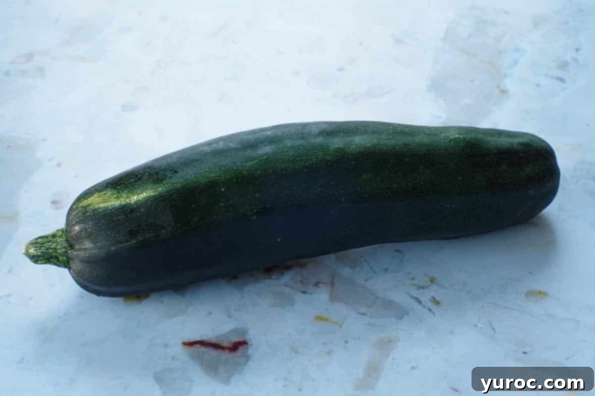 Blender Bliss Chocolate Zucchini Bread 2 A large, fresh zucchini resting on a kitchen counter, ready to be shredded for baking, highlighting its natural size and green skin.