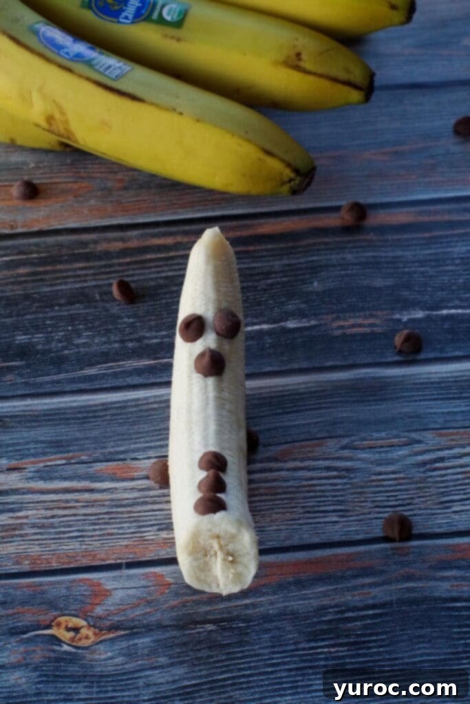 45 Effortless Tips for Boosting Your Produce Intake 10 banana with chocolate chip eyes, nose and 3 chocolate chip buttons
