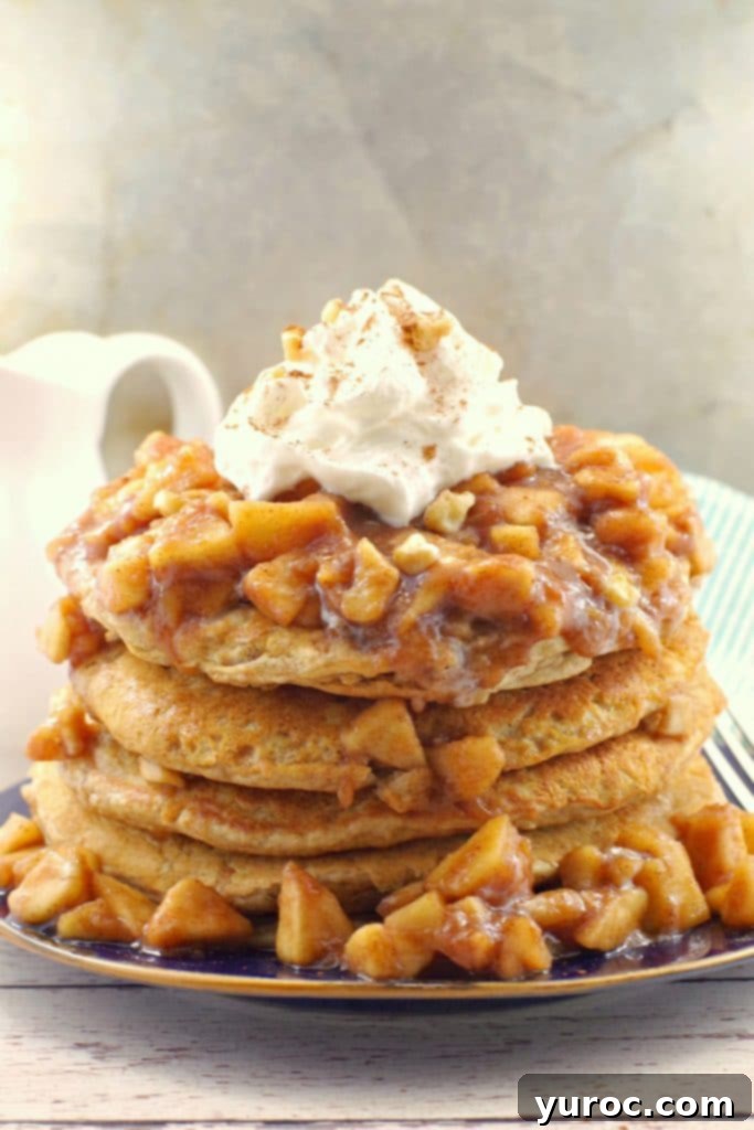 45 Effortless Tips for Boosting Your Produce Intake 4 stacked pancakes with apple topping and whipped cream